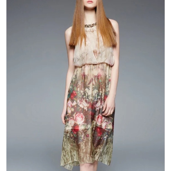 Queen Mulock Dress Floral Silk Chiffon Midi Sleeveless Size S Roses Romantic - Picture 1 of 14